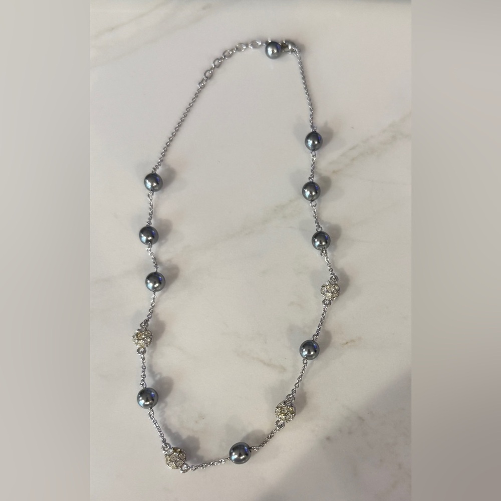 Nolan Miller Elegant Faux Black Pearl and Crystal Station Necklace